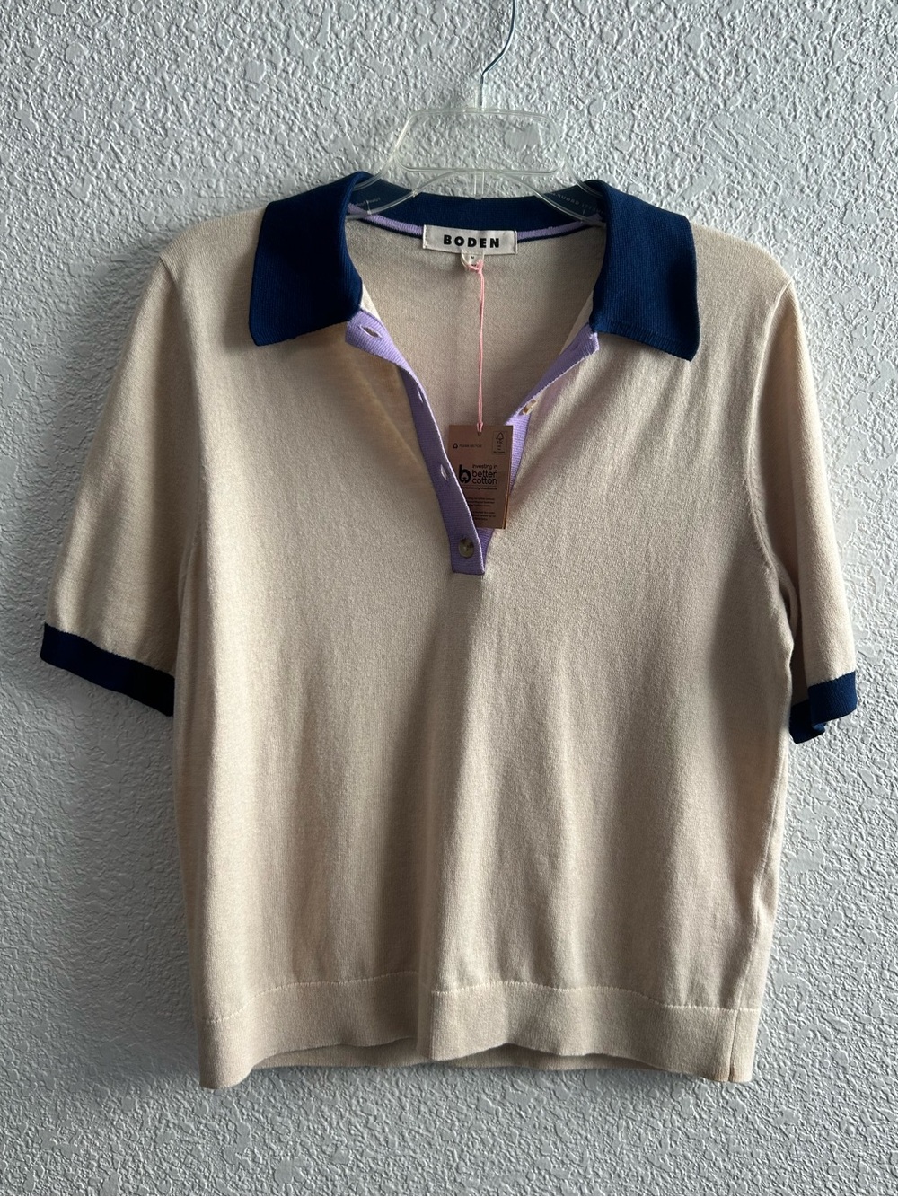 Boden Estelle Henley Knitted Polo Women’s Medium Cotton Wool Blend Oatmeal Navy